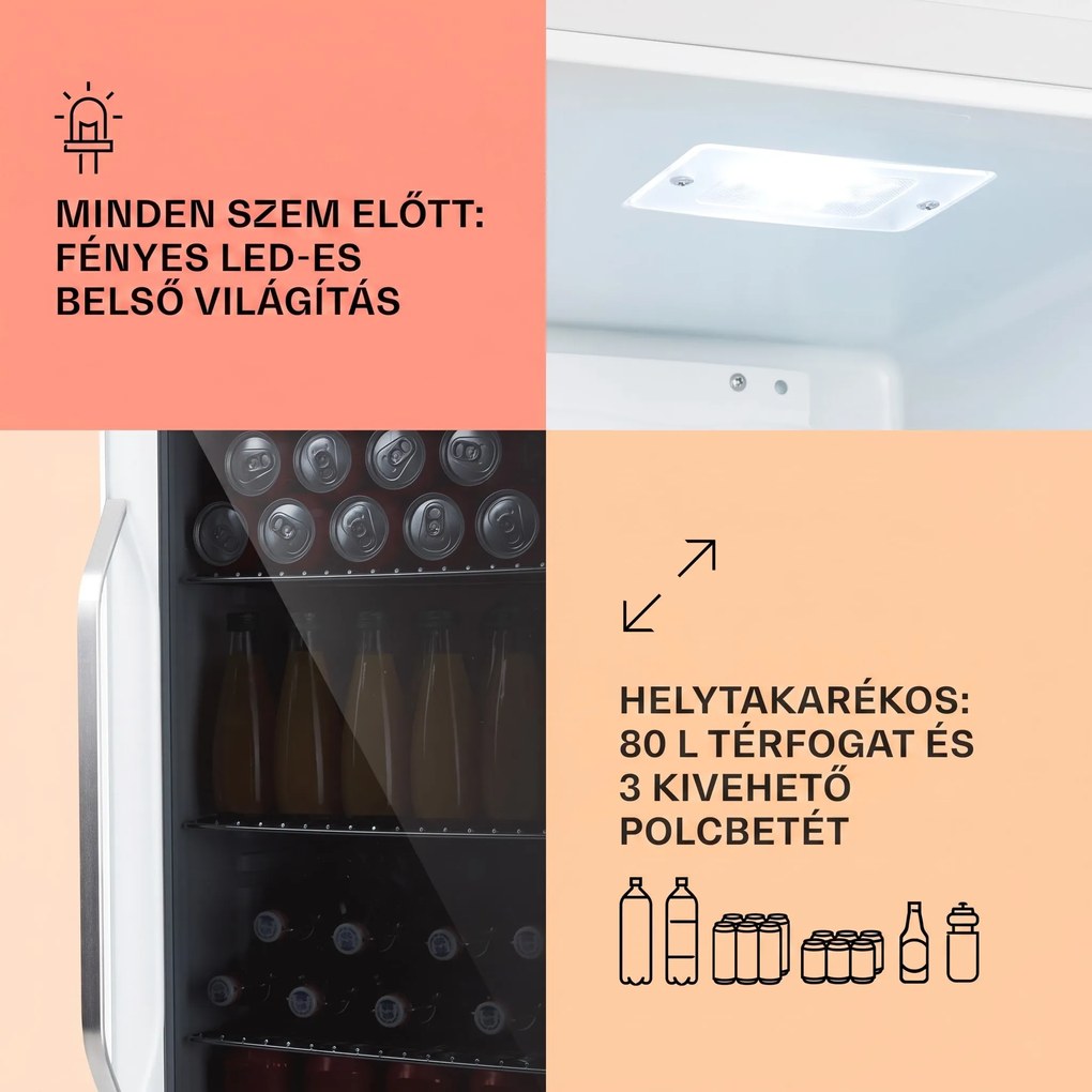 Klarstein Beersafe XXL Quartz, hűtőszekrény, E energiahatékonysági osztály, 3 fém polc, panoráma üvegajtó