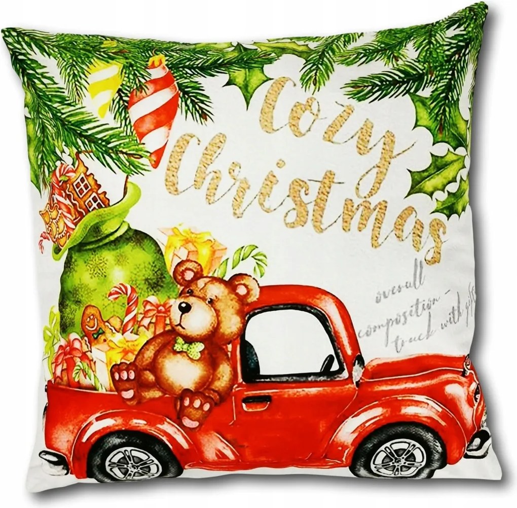 Karácsonyi párnahuzat Maci teherautó karácsonyfa