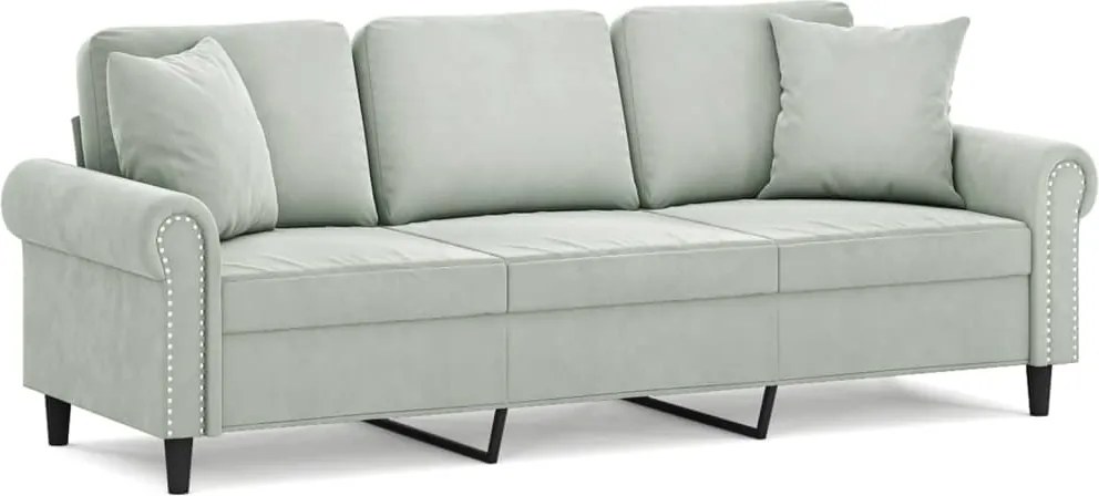 vidaXL 3 személyes világosszürke bársony kanapé díszpárnákkal 180 cm