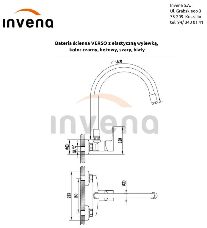 Invena Verso, falra szerelhető konyhai csaptelep 150mm elasztikus karral, fekete matt, INV-BC-82-E44-L