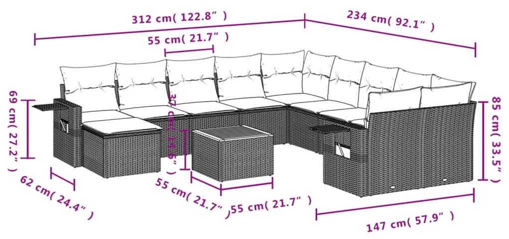 12 részes szürke polyrattan kerti ülőgarnitúra párnákkal