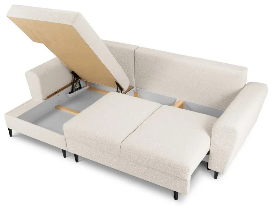 Bézs buklé kinyitható tárolóhelyes sarokkanapé (bal oldali-heverő résszel) Kyoto – Cosmopolitan Design