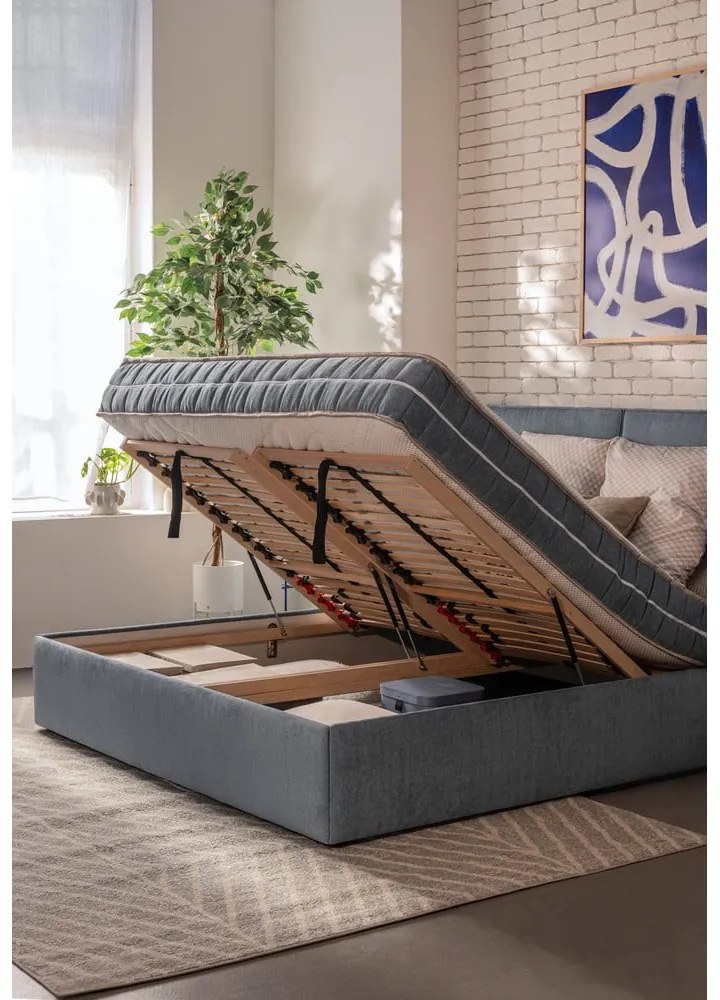 Kék kárpitozott ágyneműtartós franciaágy matraccal, ágyráccsal 160x200 cm Thessa Pillow – Bonami Selection