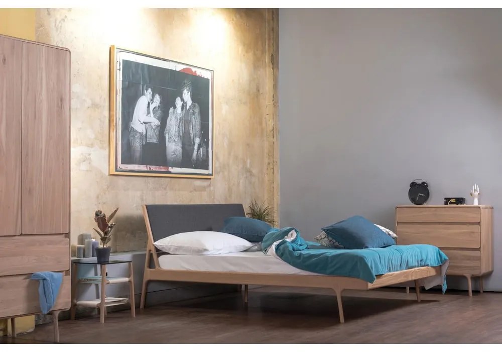 Szürke-natúr színű tölgyfa franciaágy 180x200 cm Fawn – Gazzda