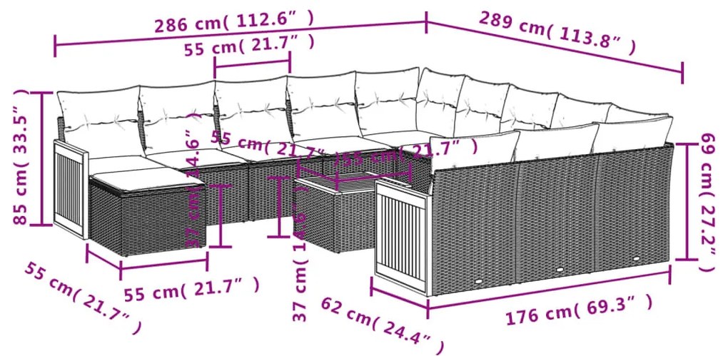 13 részes fekete polyrattan kerti ülőgarnitúra párnákkal