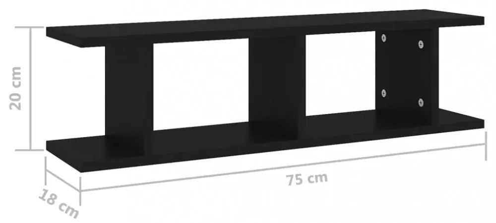 2 db fekete szerelt fa fali polc 75 x 18 x 20 cm