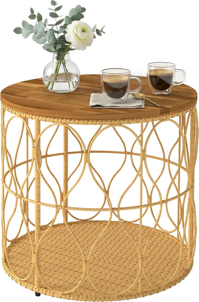 Outsunny kerek kisasztal Ø50 cm — időjárásálló rattan hatás, akácfa asztallap, állítható lábak, 80 kg teherbírás — Teak | Aosom