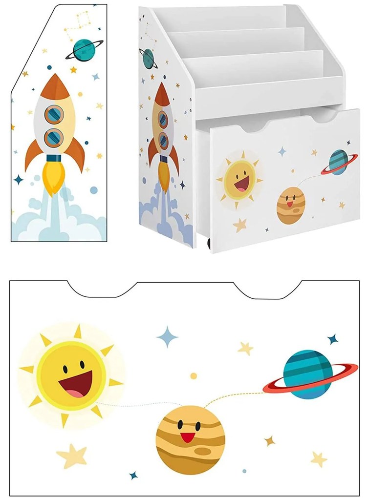 Játéktároló, könyvespolc kivehető kerekes tárolódobozzal