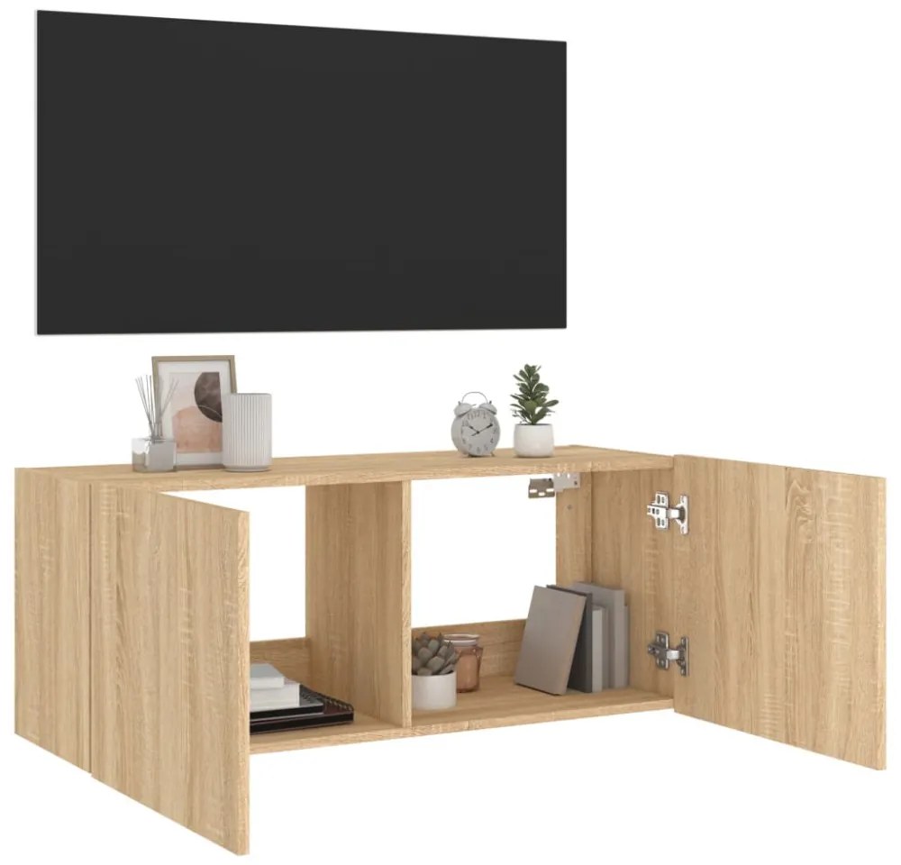 sonoma tölgy színű fali TV-szekrény LED-ekkel 100 x 35 x 41 cm