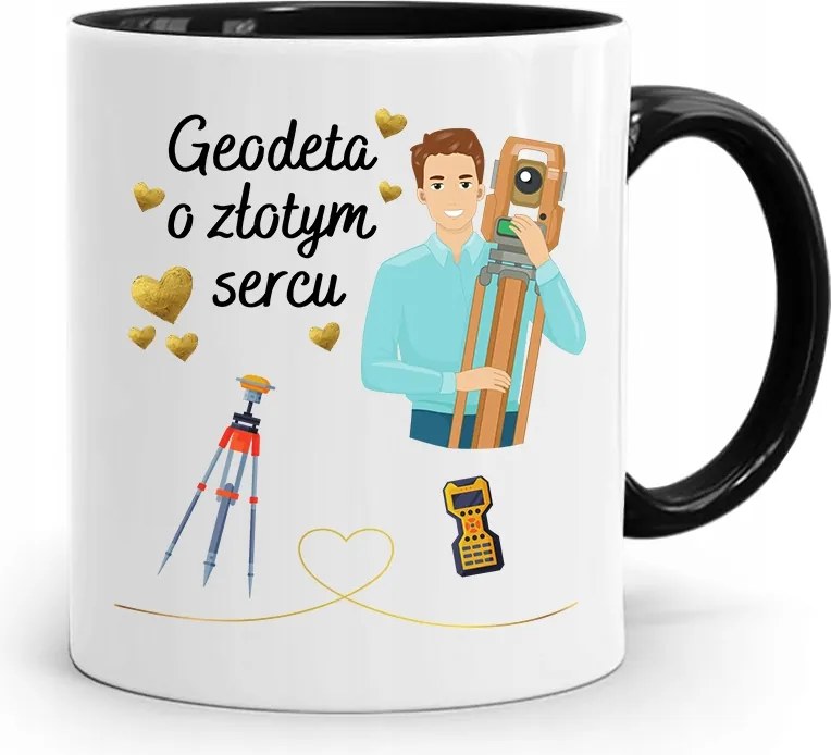 Fekete Bögre Arany Szívű Földmérőnek Ajándék fényképes nyomattal