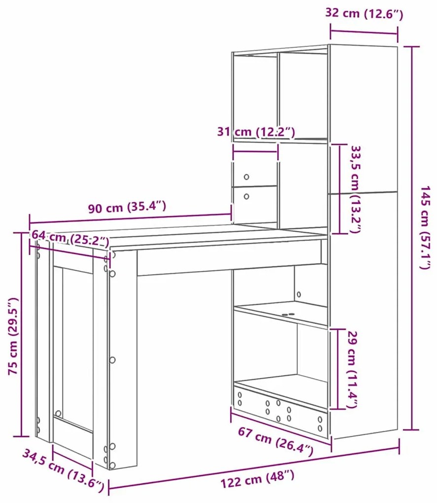 Asztal polcokkal Beton Szürke 122 x 67 x 145 cm Faanyag
