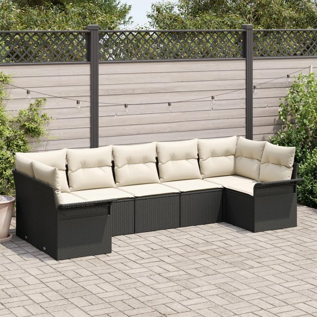 7 Részes Kert Sofaszett Párnákkal Fekete Poli Rattan, 2-Fős Kert Kanapé Tárolóval és Párnákkal Fekete Poli Rattan