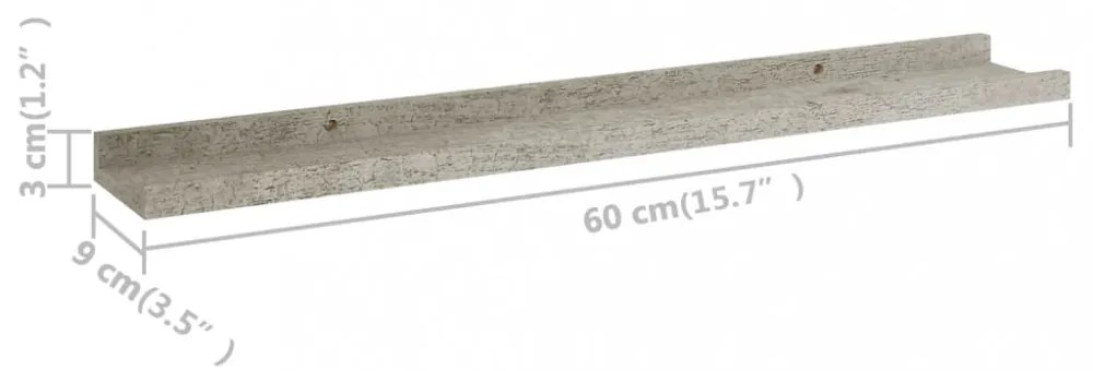 2 db betonszürke fali polc 60 x 9 x 3 cm