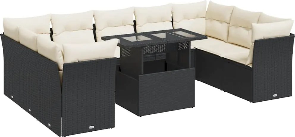 vidaXL 10 részes fekete polyrattan kerti ülőgarnitúra párnákkal