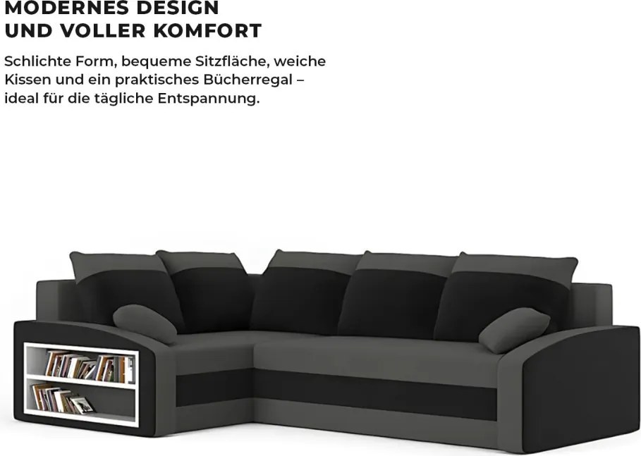 Grande sarokkanapé polcokkal , polc a bal karfaban, baloldali, szövet anyag, bonell töltet, szürke - fekete