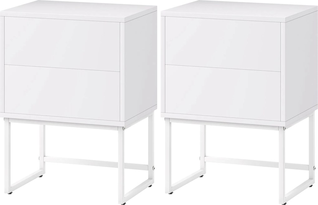 HOMCOM 2 db keskeny éjjeliszekrény 2 nyomásra nyitható fiókkal és acél lábakkal, modern stílus, 40x30x55 cm, fehér | Aosom