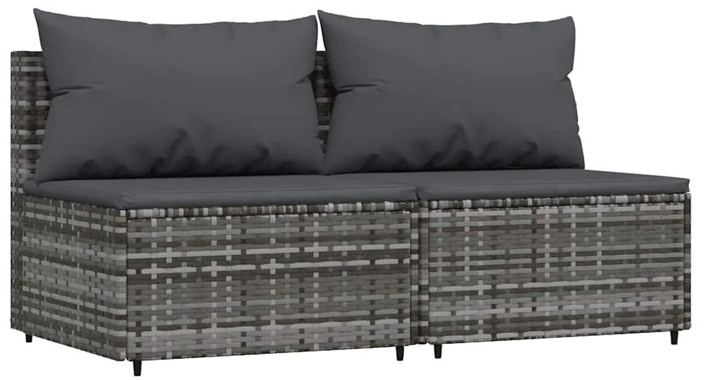 2 db szürke polyrattan kerti középső kanapé párnákkal