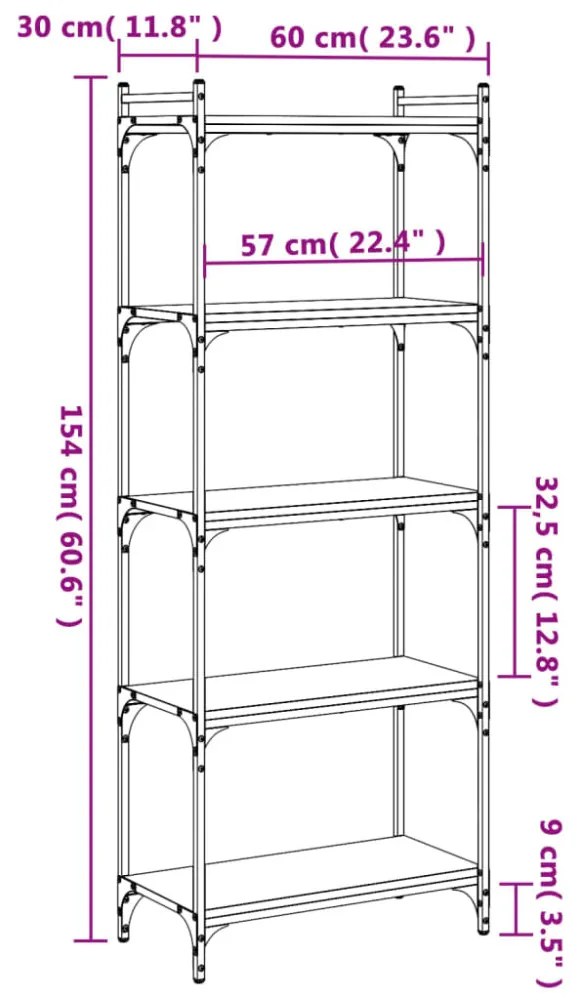 5 szintes sonoma tölgy szerelt fa könyvespolc 60 x 30 x 154 cm