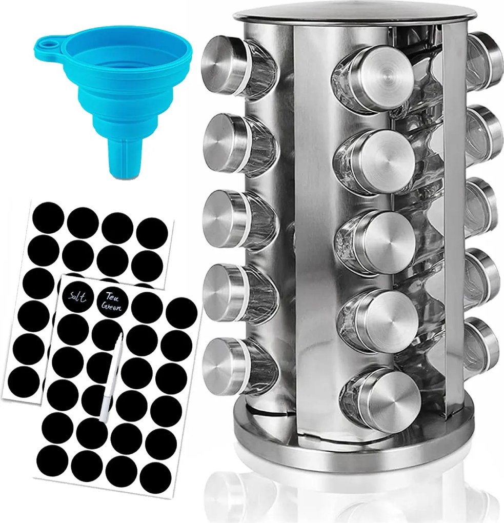 Fűszertartó Állvány 360° 20 Üveg Tégely Rozsdamentes Acél