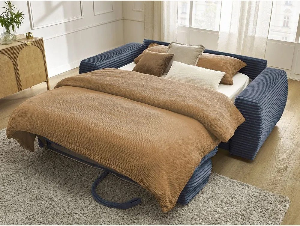 Sötétkék kordbársony kinyitható kanapé mindennapos alvásra 240 cm Hugo – Bobochic Paris