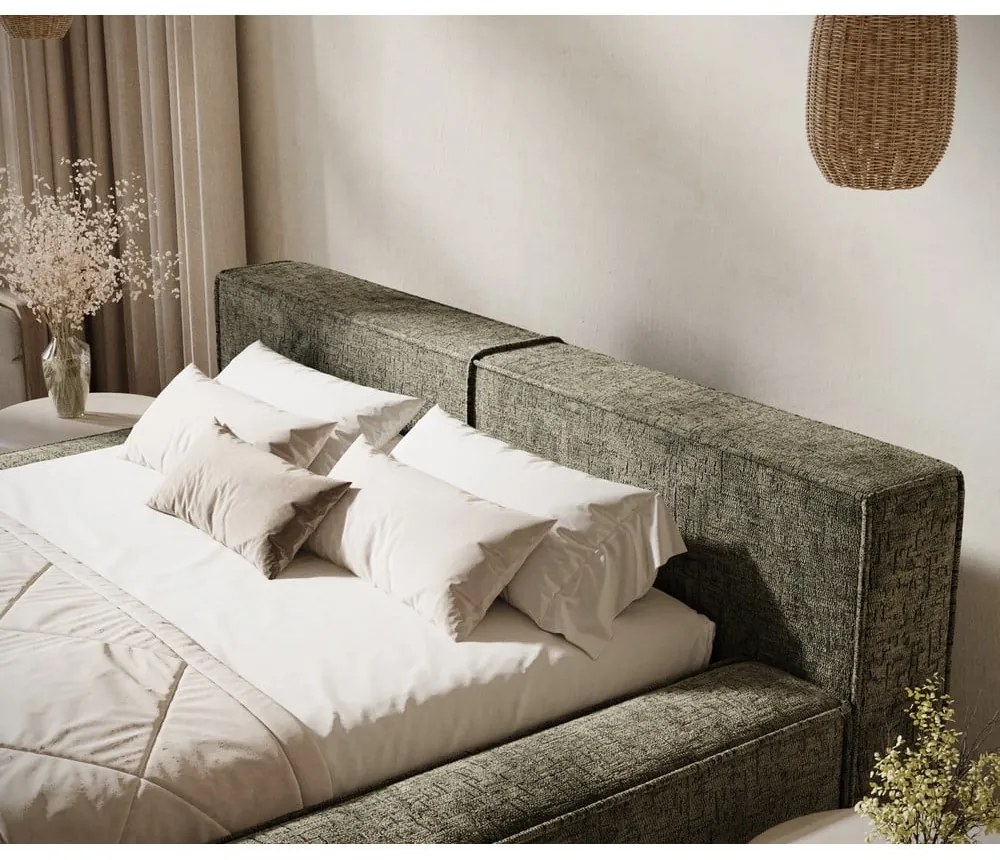 Sötétzöld kárpitozott ágyneműtartós franciaágy ágyráccsal 140x200 cm Voliera – Maison de Rêve