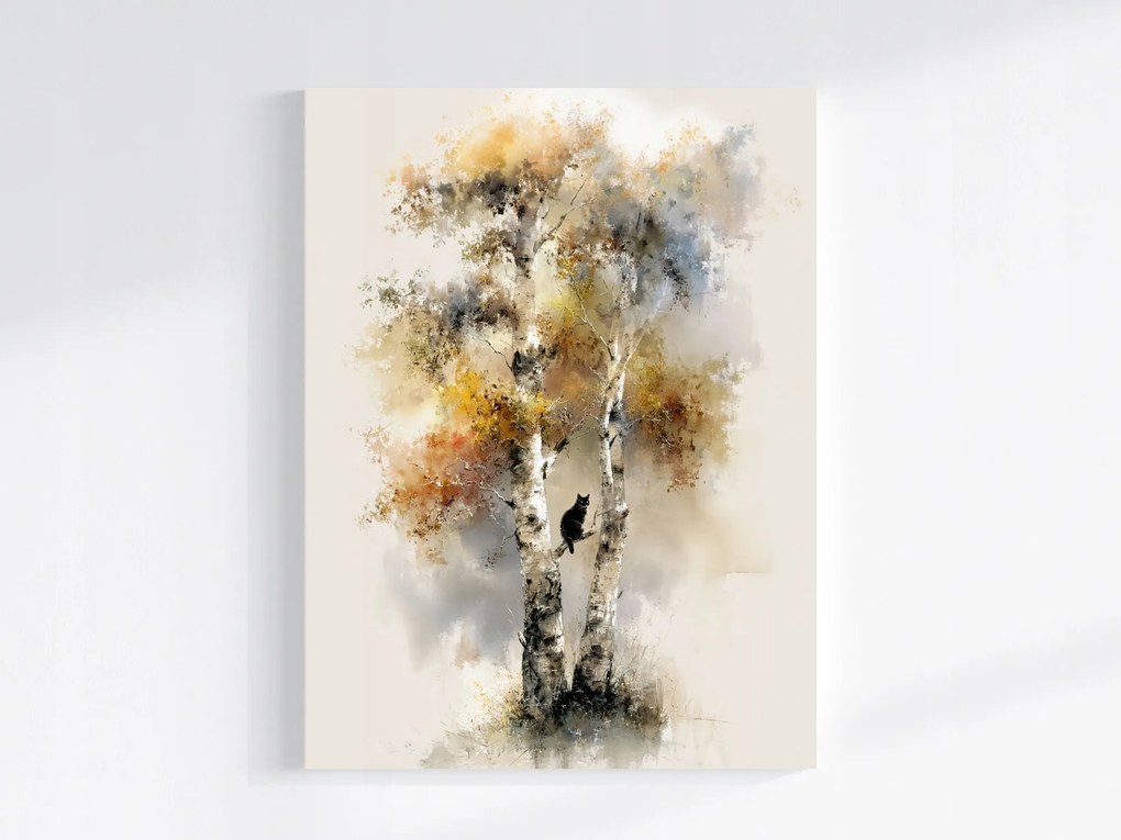Canvas Vászonkép Természet Fa Ősz Nyírfa Fekete Macska 75x100