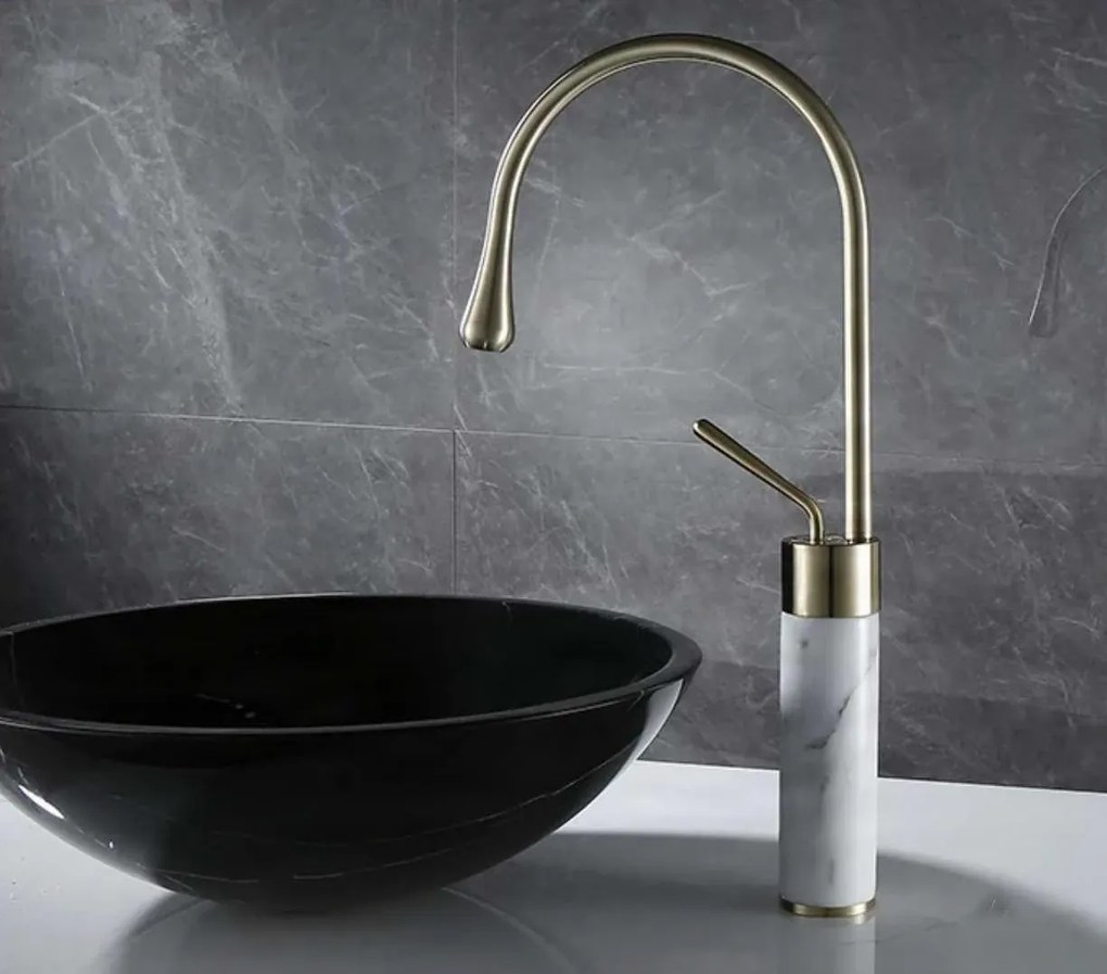 Mosdócsaptelep EYN BF0954 pultra szerelhető kivitelben, forgatható kifolyóval, többféle színváltozatban — Szálcsiszolt arany – fekete márvány — 34 cm