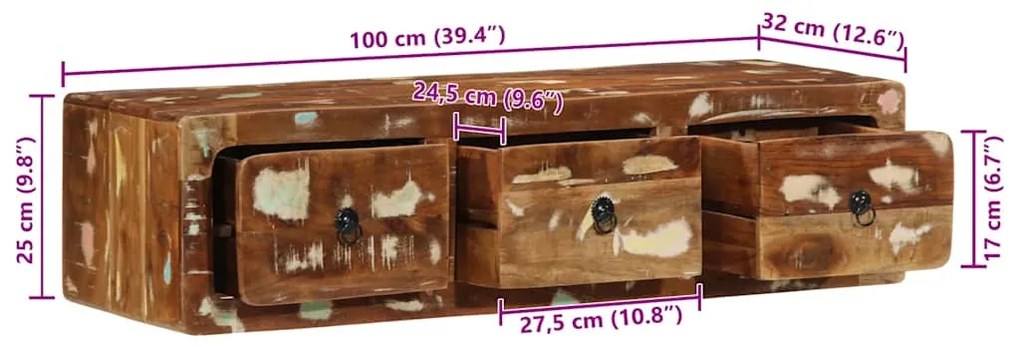 tömör újrahasznosított falra szerelhető TV-szekrény 100x32x25cm