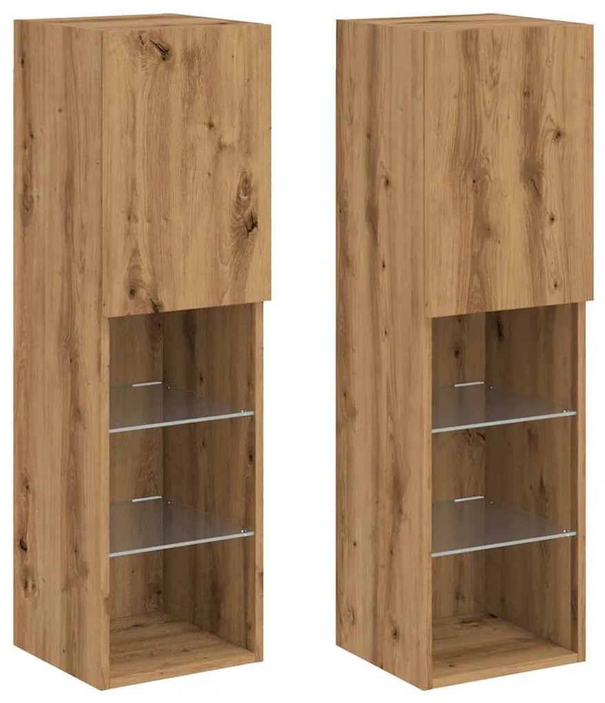 2 db kézműves tölgy TV-szekrény LED-lámpákkal 30,5x30x102 cm