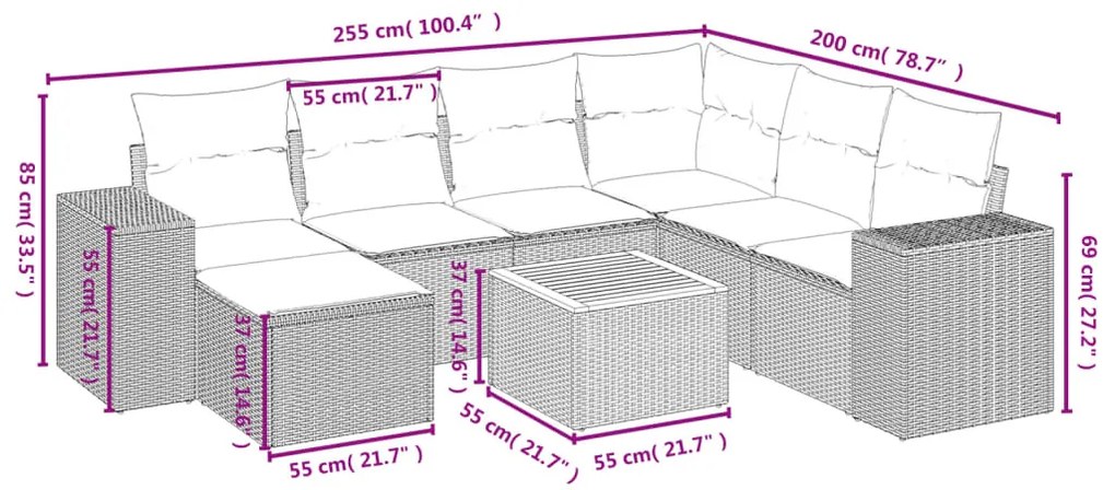 8 részes bézs polyrattan kerti ülőgarnitúra párnával