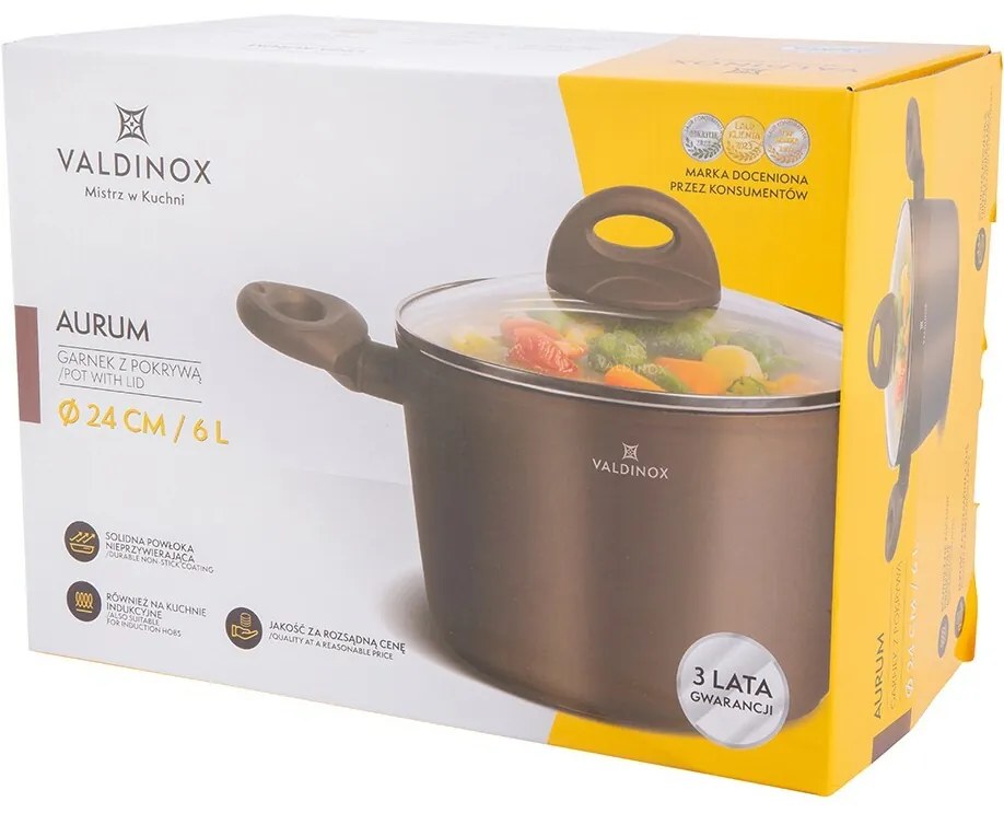 Valdinox Aurum lábas tapadásmentes felülettel és fedővel, 24 cm, 6 l