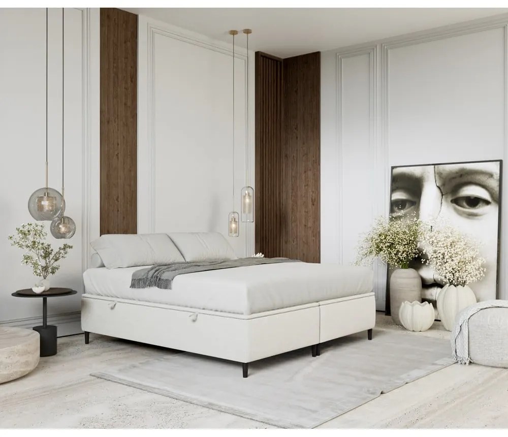 Krémszínű kárpitozott ágyneműtartós franciaágy 140x200 cm Tate – Maison de Rêve