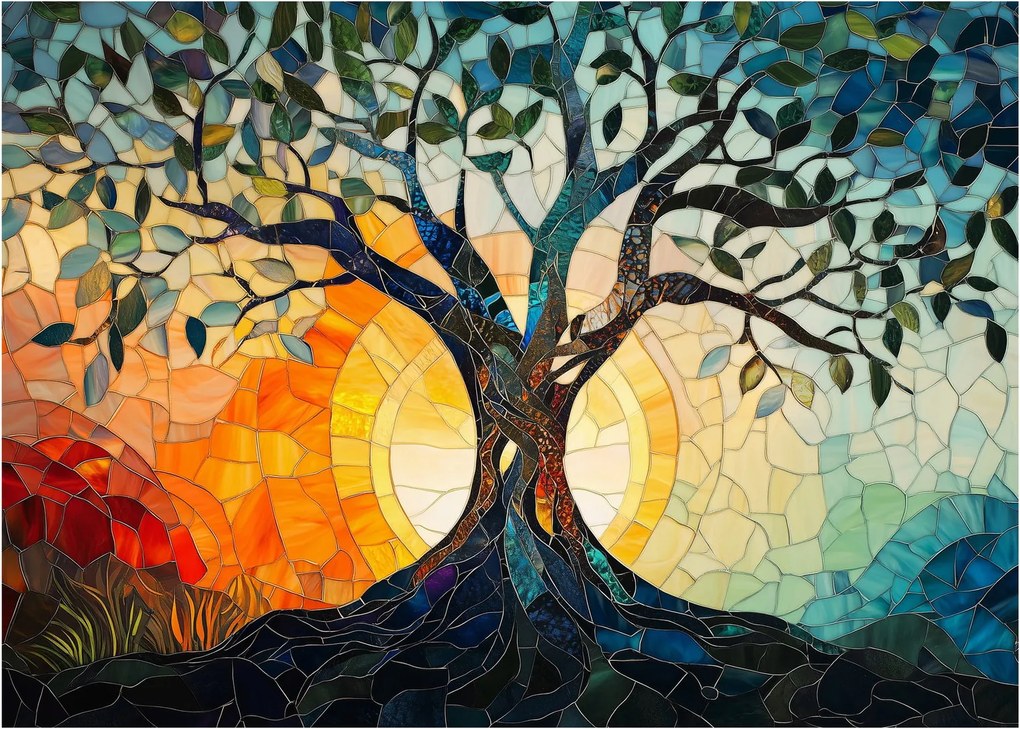 Üveg kép – Mozaik – nap és fa I. (70x50 cm)