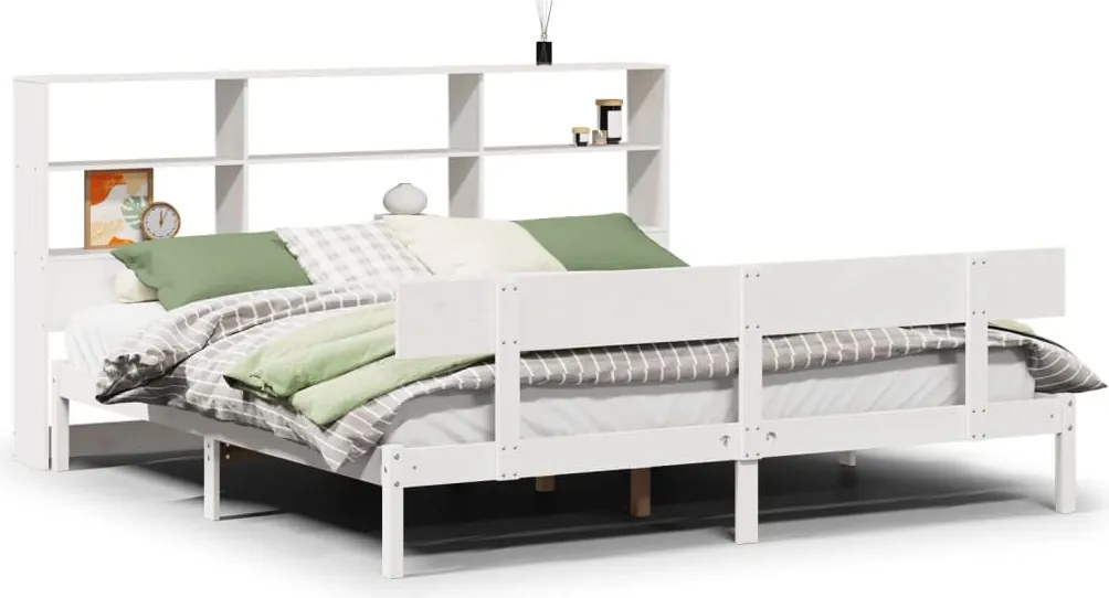 vidaXL fehér tömör fenyőfa könyvespolcos ágy matrac nélkül 180x200 cm