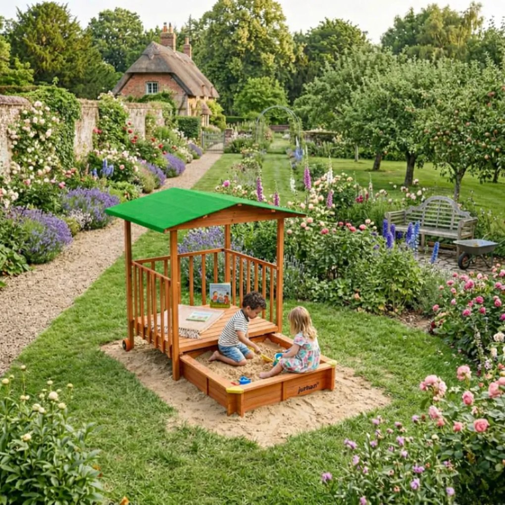 SUNNY verandás homokozó, 130x130x143cm, barna/zöld Jurhan