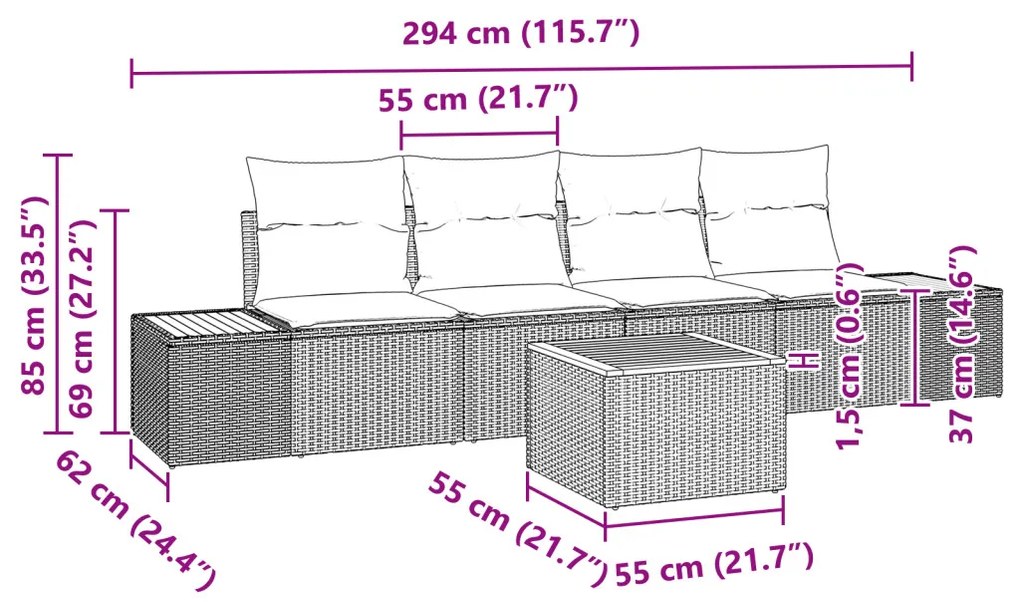 5 darabos kerti kanapé szett párnákkal fekete poli rattan akáciával