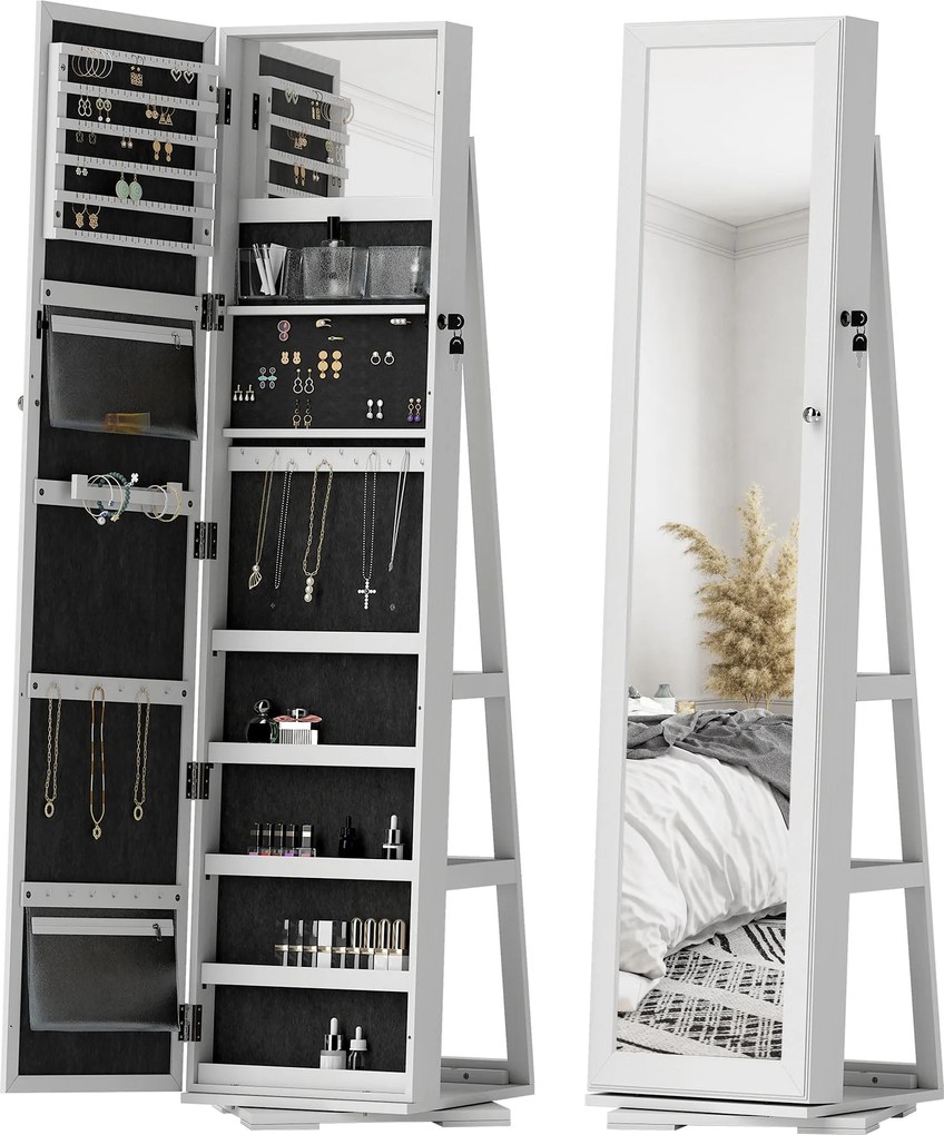 HOMCOM Álló Ékszertükrös Ékszertartó 360°-ban Forgó Ékszerláda Zárral, Hátoldali Polcokkal és Beépített Kis Tükrökkel 38x38x160 cm Fehér Mottós | Aoso