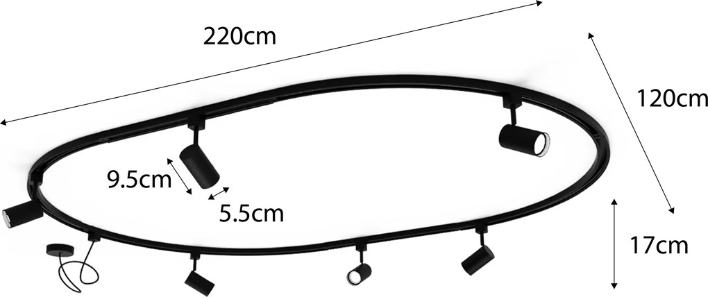 Modern sínrendszer 8 fekete spotlámpával, 1 fázisú, ovális, 200 cm - Iconic Jeana