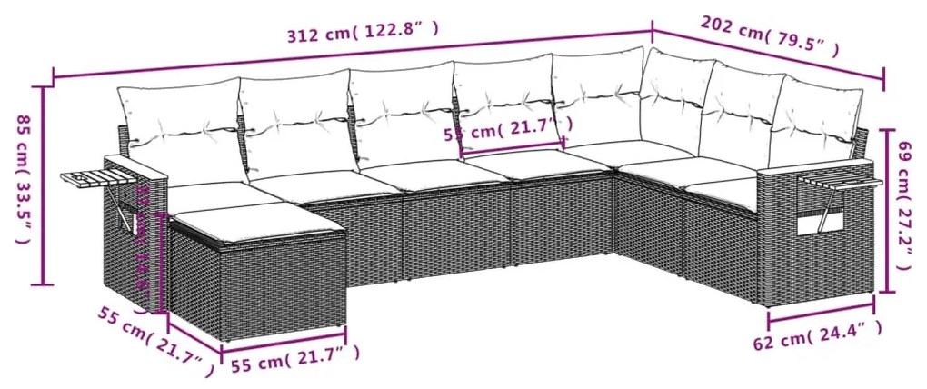 8 részes fekete polyrattan kerti ülőgarnitúra párnákkal