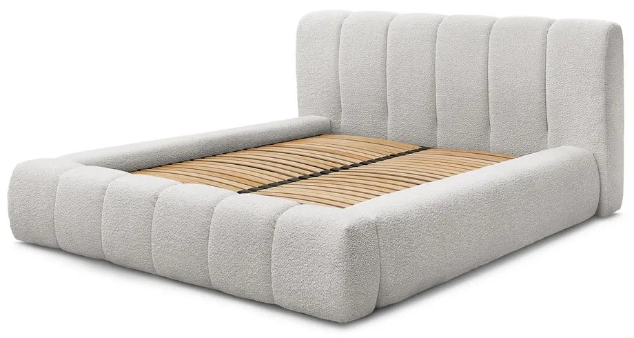 Világosszürke kárpitozott ágyneműtartós franciaágy ágyráccsal 160x200 cm Denali – Bobochic Paris