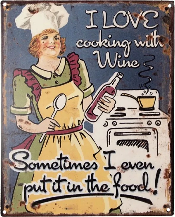 Bézs-kék fém fali felirat Szeretek borral főzni 20x25 cm