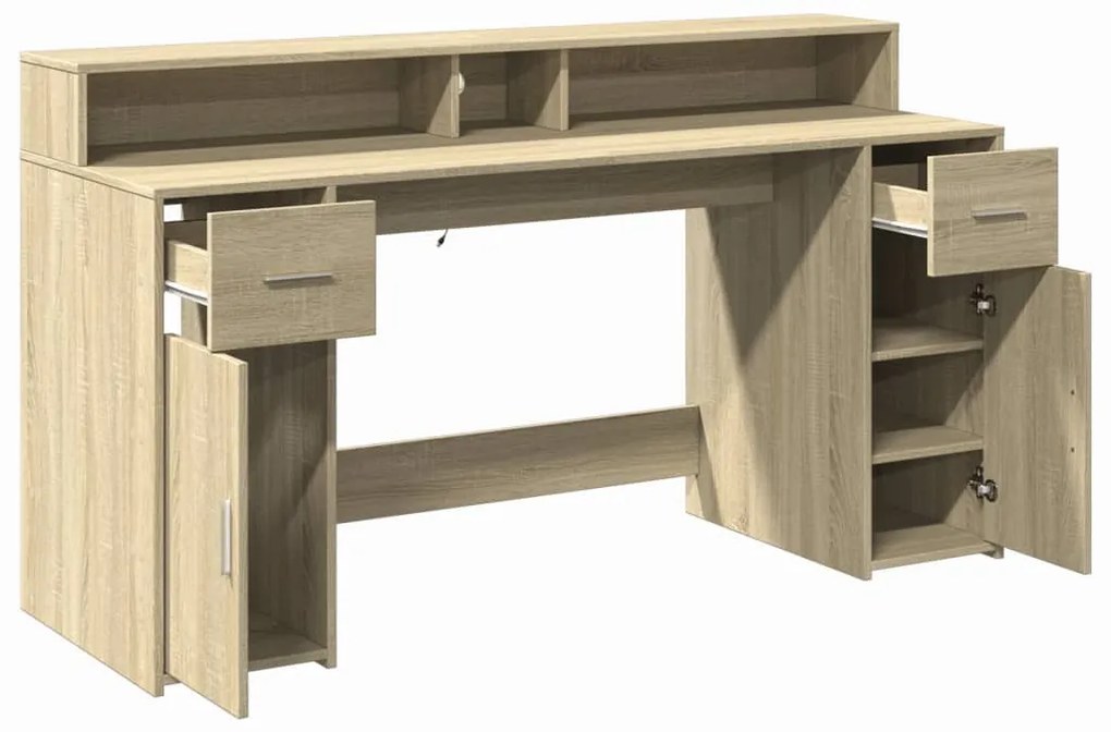 sonoma tölgy színű szerelt fa íróasztal LED-ekkel 160x55x91 cm