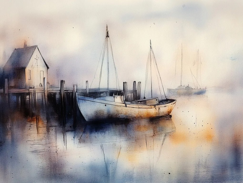 Vászonkép Canvas Tájkép Víz Móló Kikötő Hajók Köd 80x60