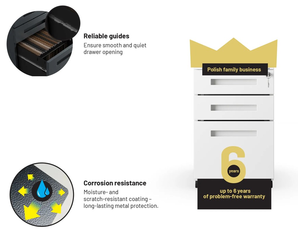 Fém gurulós konténer íróasztal alá KATE 390 x 600 x 500 mm, fehér