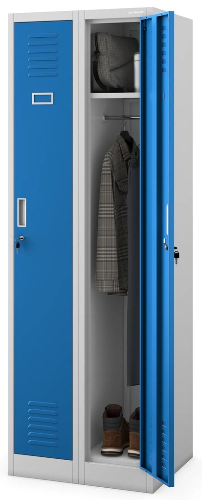 Pléh öltözőszekrény talpazaton, négymodulos, polcokkal KACPER II, 600 x 1800 x 500 mm, kék