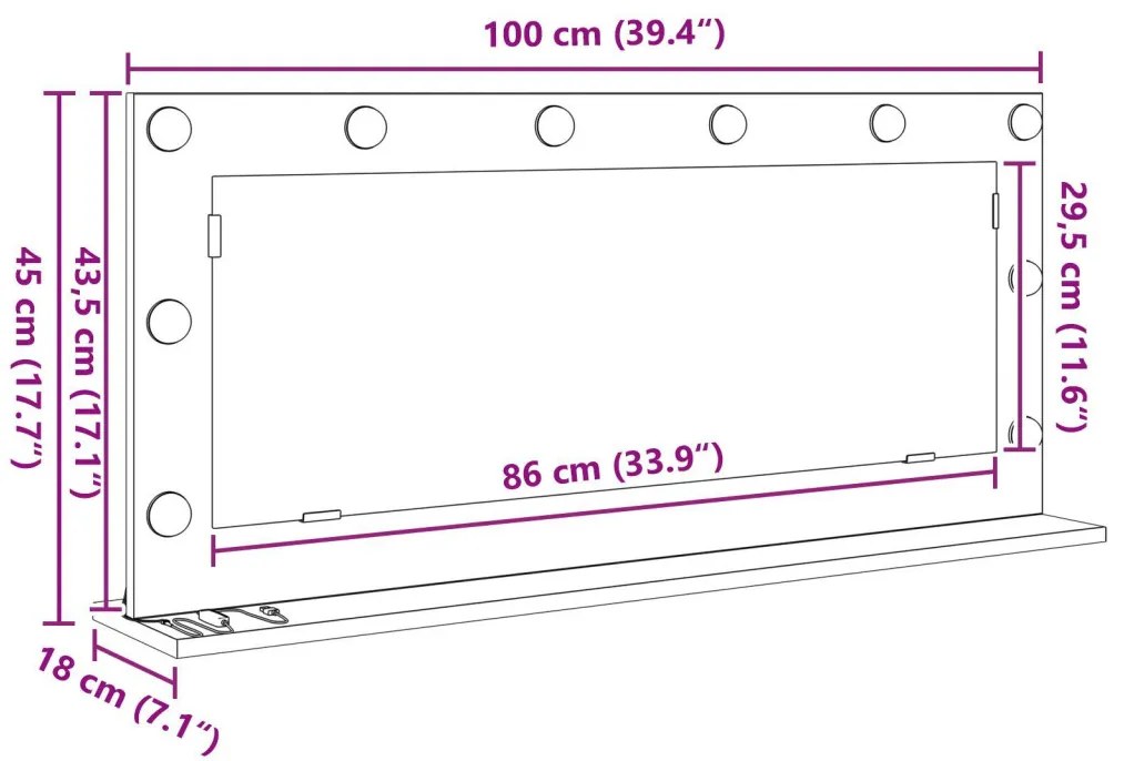 LED világításos sminktükör, régi fa, 100x45x18 cm