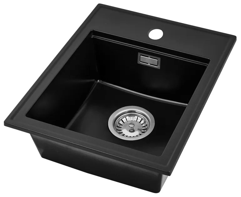 SINK Quality Mosogató minőségi Ferrum Új 4050, 1 kamrás gránit mosogató 400x500x185 mm + króm szifon, fekete, SKQ-FER.4050.BK.X