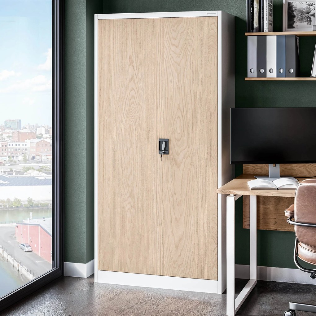 Fém iratszekrény JAN, 900 x 1850 x 400 mm, Eco Design: fehér/ sonoma tölgy