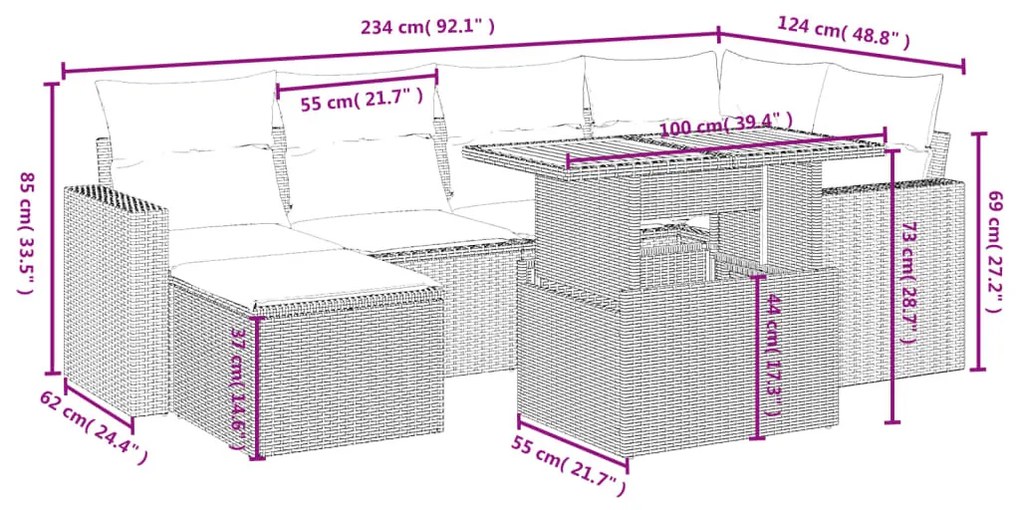 7 részes szürke polyrattan kerti ülőgarnitúra párnákkal