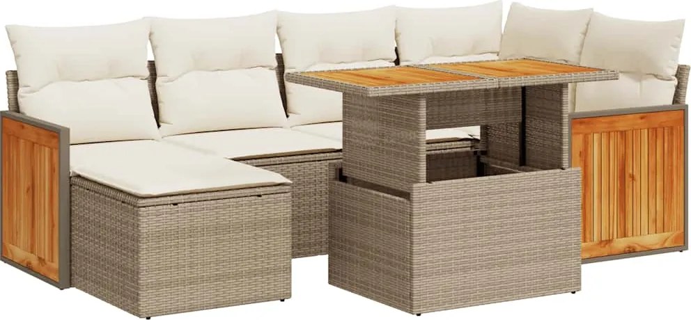 vidaXL 7 részes bézs polyrattan akácfa kerti ülőgarnitúra párnákkal